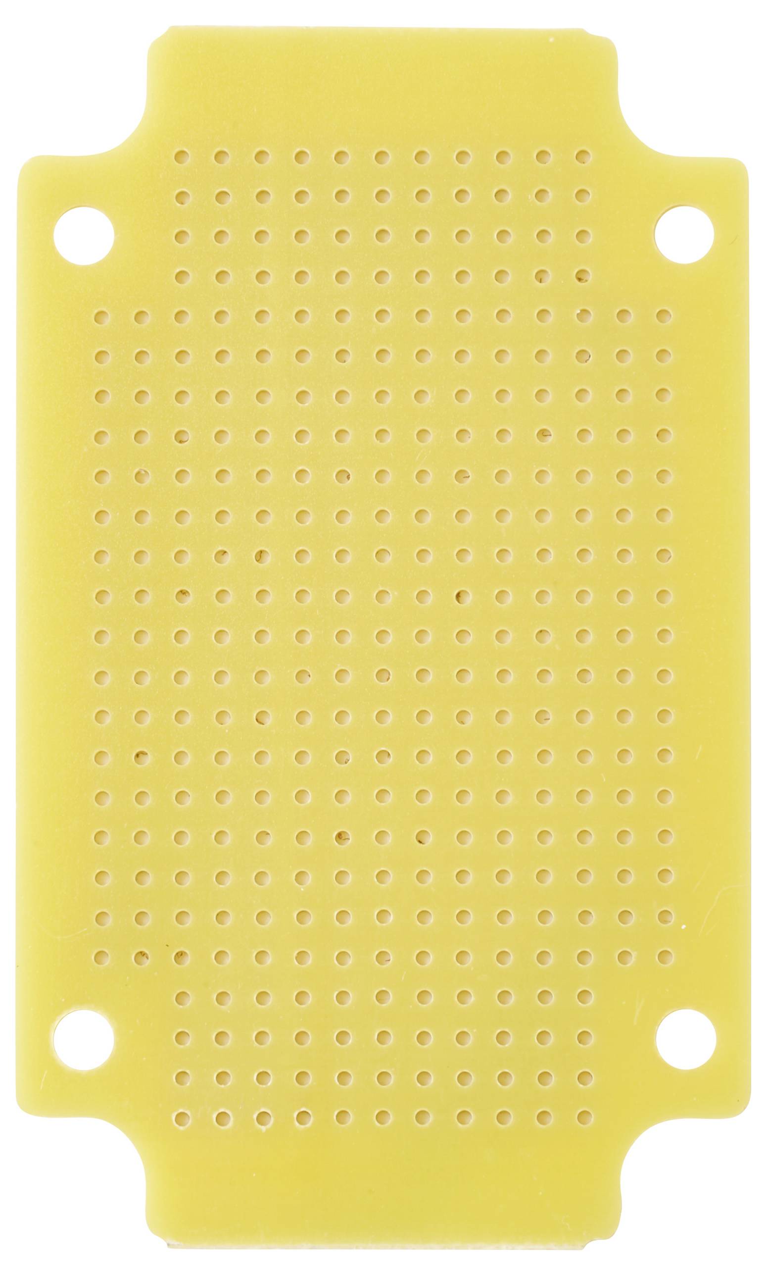 Een rechthoekig geel geperforeerd printbord gebruikt voor elektronische prototyping, met een raster van kleine gaten voor componentverbindingen.