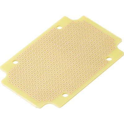 Een gele prototyping breadboard met een raster van kleine gaatjes en vier bevestigingsgaten in de hoeken voor het bouwen van elektronische schakelingen.