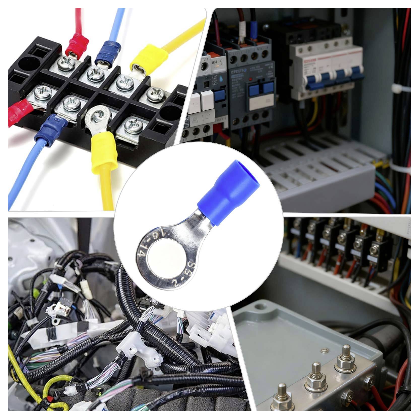 Collage van elektrische bedrading aansluitingen: gekleurde crimpklemmen op een klemmenblok, bedieningspaneel componenten, kabelbundels, en een ringlugconnector.