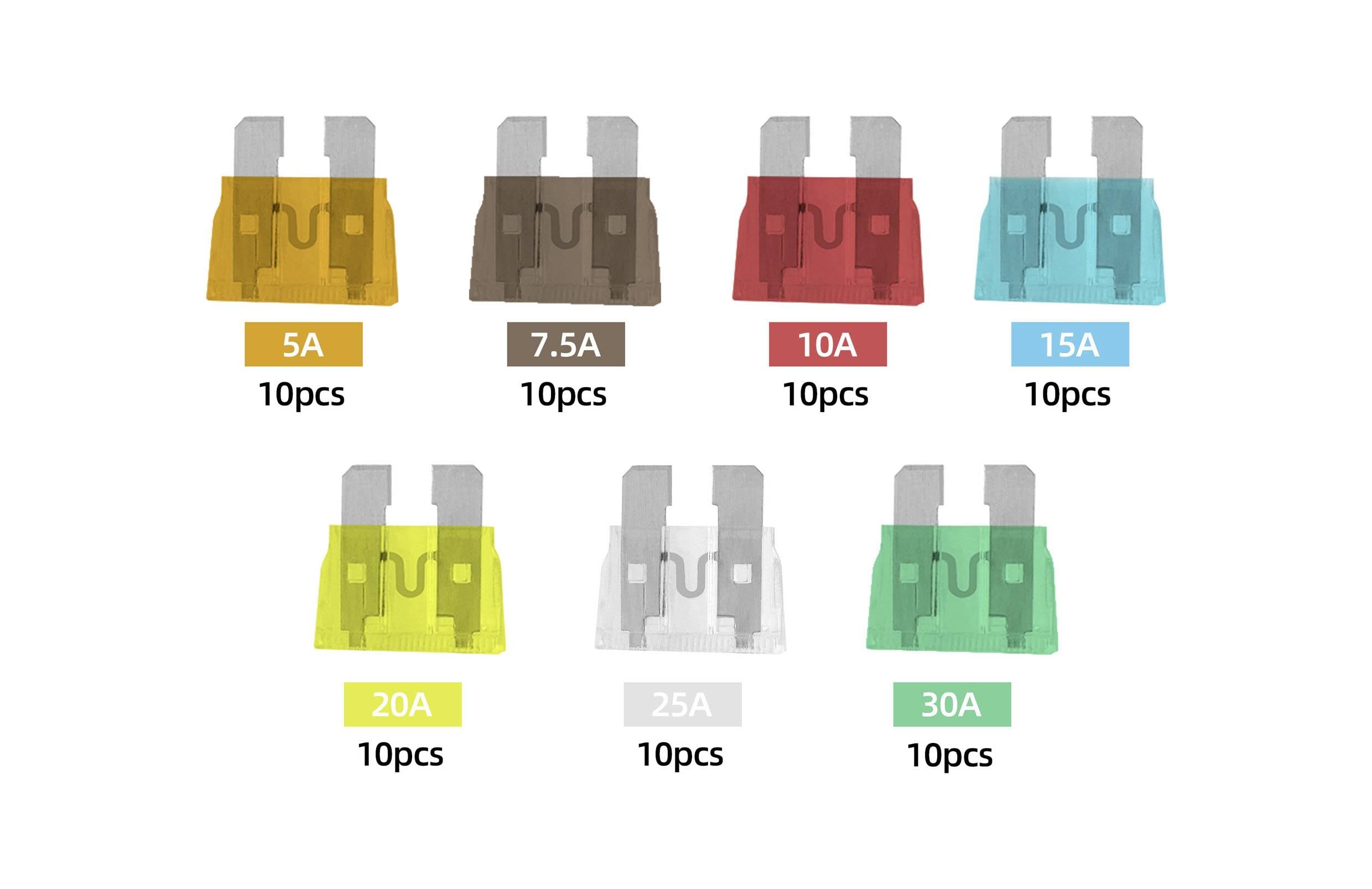 Afbeelding toont verschillende auto-zekeringen met kleurcode: 5A (oranje), 7,5A (bruin), 10A (rood), 15A (blauw), 20A (geel), 25A (helder), 30A (groen), telkens 10 stuks.