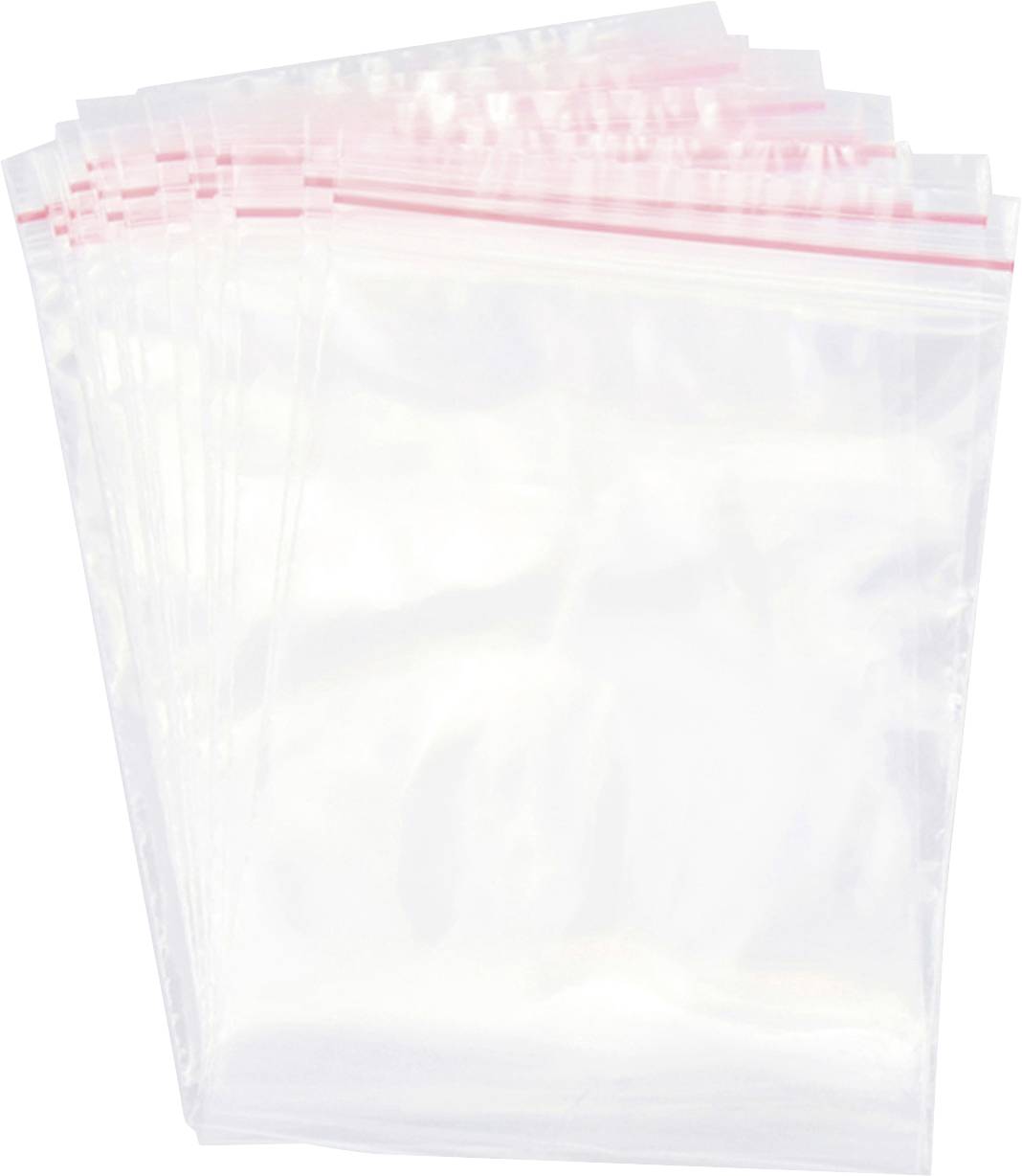 Een stapel doorzichtige hersluitbare plastic zakken met rode en witte sluitingen, plat op een egaal oppervlak gelegd.