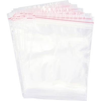 Een stapel doorzichtige hersluitbare plastic zakken met rode en witte sluitingen, plat op een egaal oppervlak gelegd.