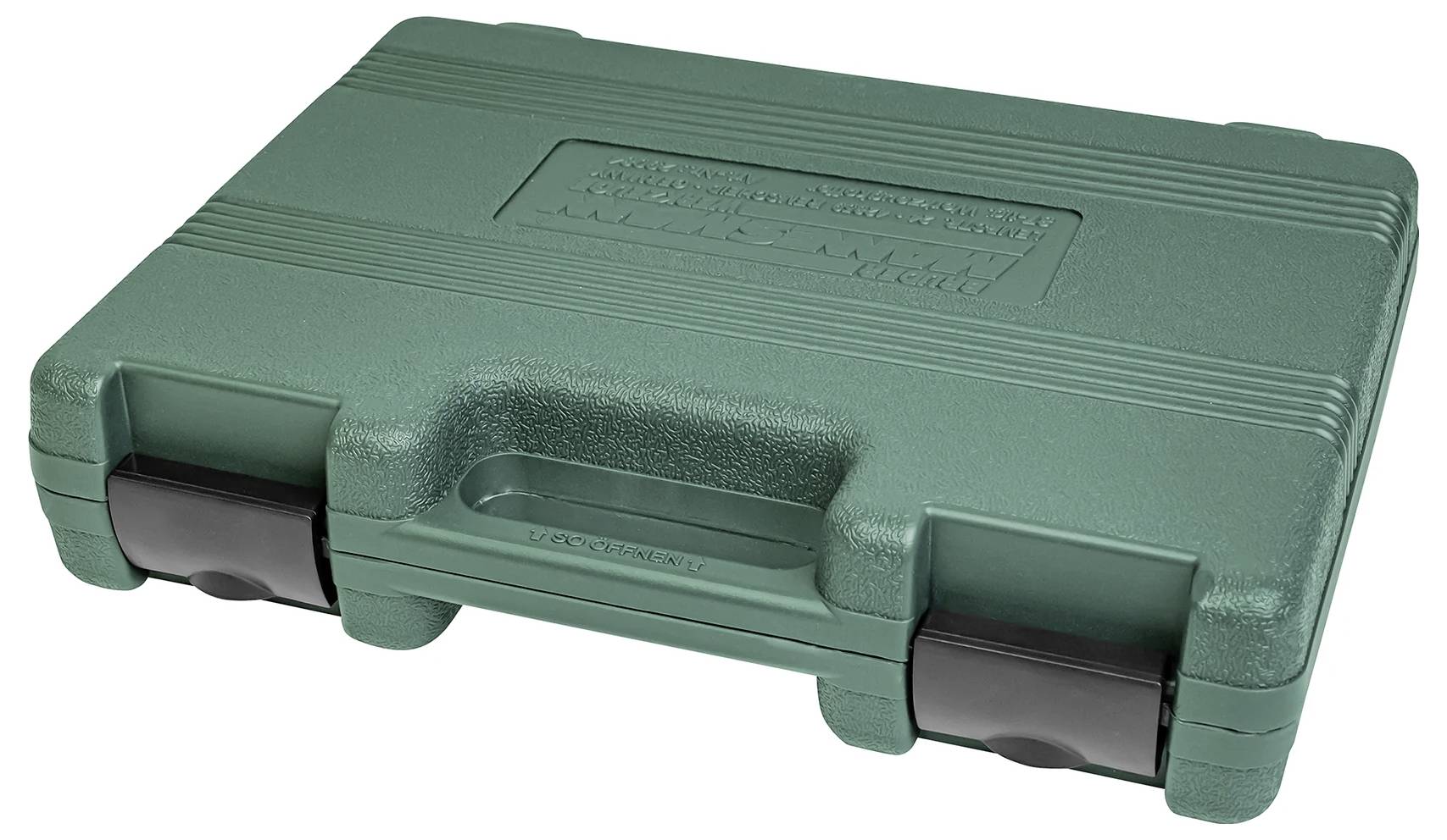 Groene, rechthoekige koffer met handvat en zwarte sluitingen, geschikt voor gereedschapsopslag.