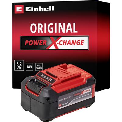 Twee rode en zwarte lithium-ionbatterijen van Einhell Power X-Change, elk met 5,2 Ah en 18V, geschikt voor elektrische gereedschappen.