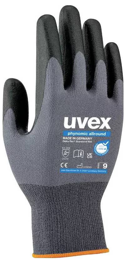 Werkhandschoen van zwart en grijs weefsel met opdruk 'uvex phynomic allround'. Made in Germany, maat 9.