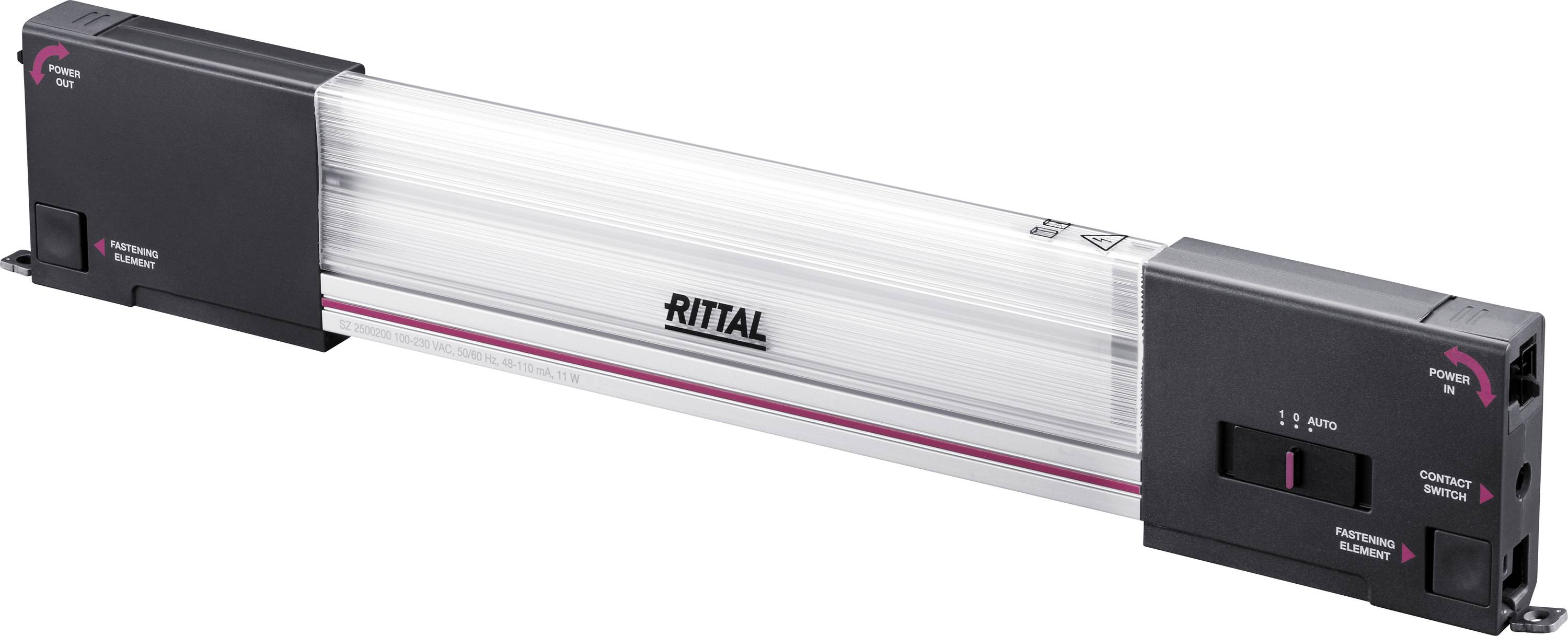 Led-armatuur van Rittal met een langwerpige, rechthoekige vorm. Markeringen voor Power en Card Reset zichtbaar.