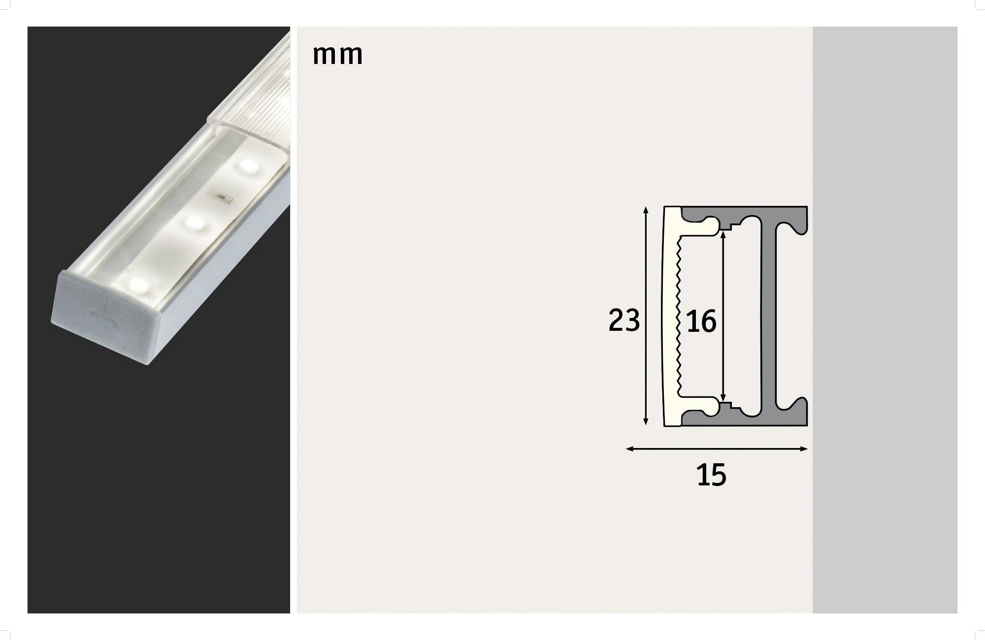 Een LED-profiel wordt links getoond, rechts daarnaast een technische tekening met afmetingen: 23 mm hoog, 15 mm breed, 16 mm inwendig.