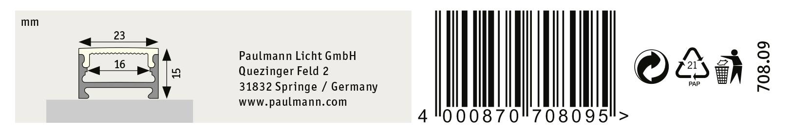 'Paulmann Licht GmbH' adresgegevens, streepjescode, symbolen voor verpakkingsrecycling en productafmetingen: 23 mm breedte, 16 mm diepte, 15 mm hoogte.