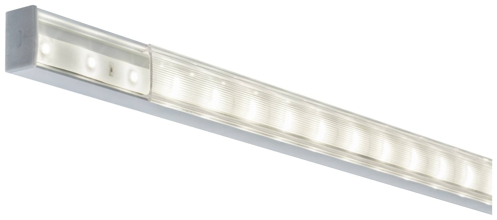 Een slanke, langwerpige LED-verlichting in modern design, met gelijkmatig verspreide lichten.