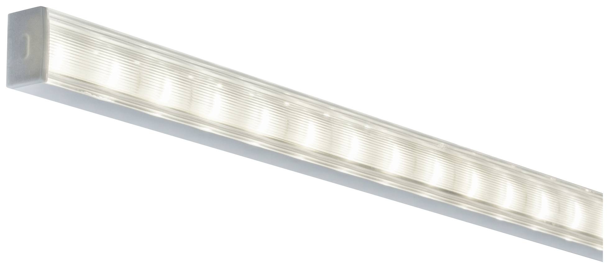 Langwerpige LED-lamp met een transparante behuizing. Hij verspreidt egaal wit licht, geschikt voor woon- of werkruimtes.