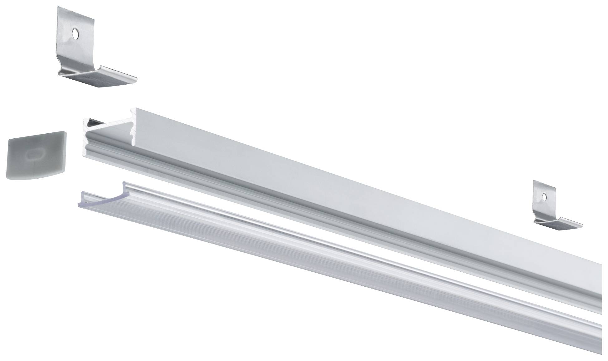 Metalen railsysteem met afneembaar afdekprofiel, toont montagebeugels en kap, onderdelen weergegeven in exploded view.