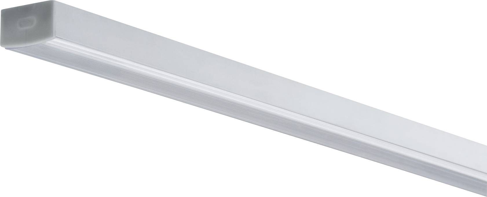 Een langwerpige, witte LED-lichtbalk. Beide uiteinden zijn hoekig en de behuizing is mat.