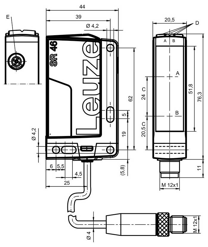 Technische tekening van een Eltuze SR 46-apparaat met voor-, zij- en detailweergaven, met afmetingen en M12x1-aansluitspecificaties.