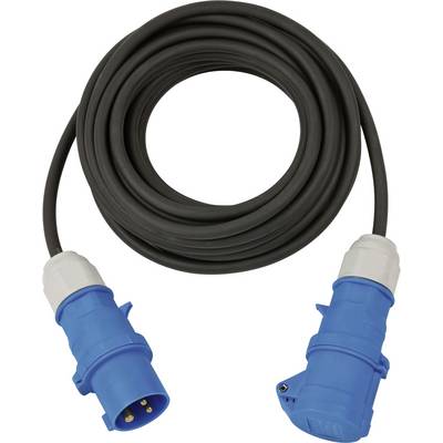 Opgerold zwart elektrisch snoer met blauwe industriële stroomconnectoren aan beide uiteinden, afgebeeld op een witte achtergrond.