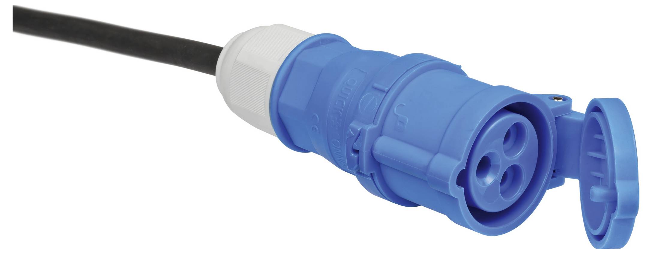 Blauwe industriële elektrische stekker met zwarte kabel, weergegeven met zijn beschermkap open.