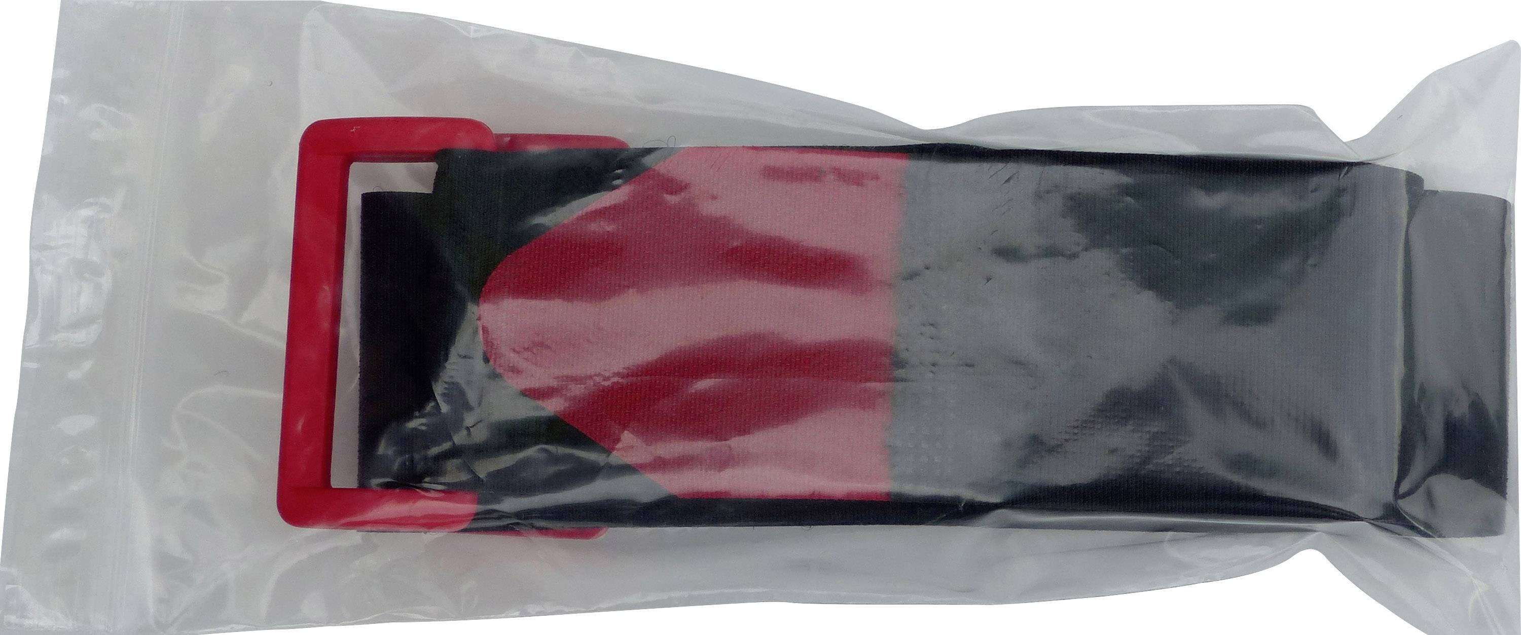 Riem met rode gesp, verpakt in een transparante plastic verpakking.