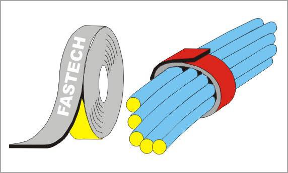 Afbeelding toont een grijs klittenband met 'FASTECH' erop en een bundel blauwe kabels die met het band zijn vastgemaakt.