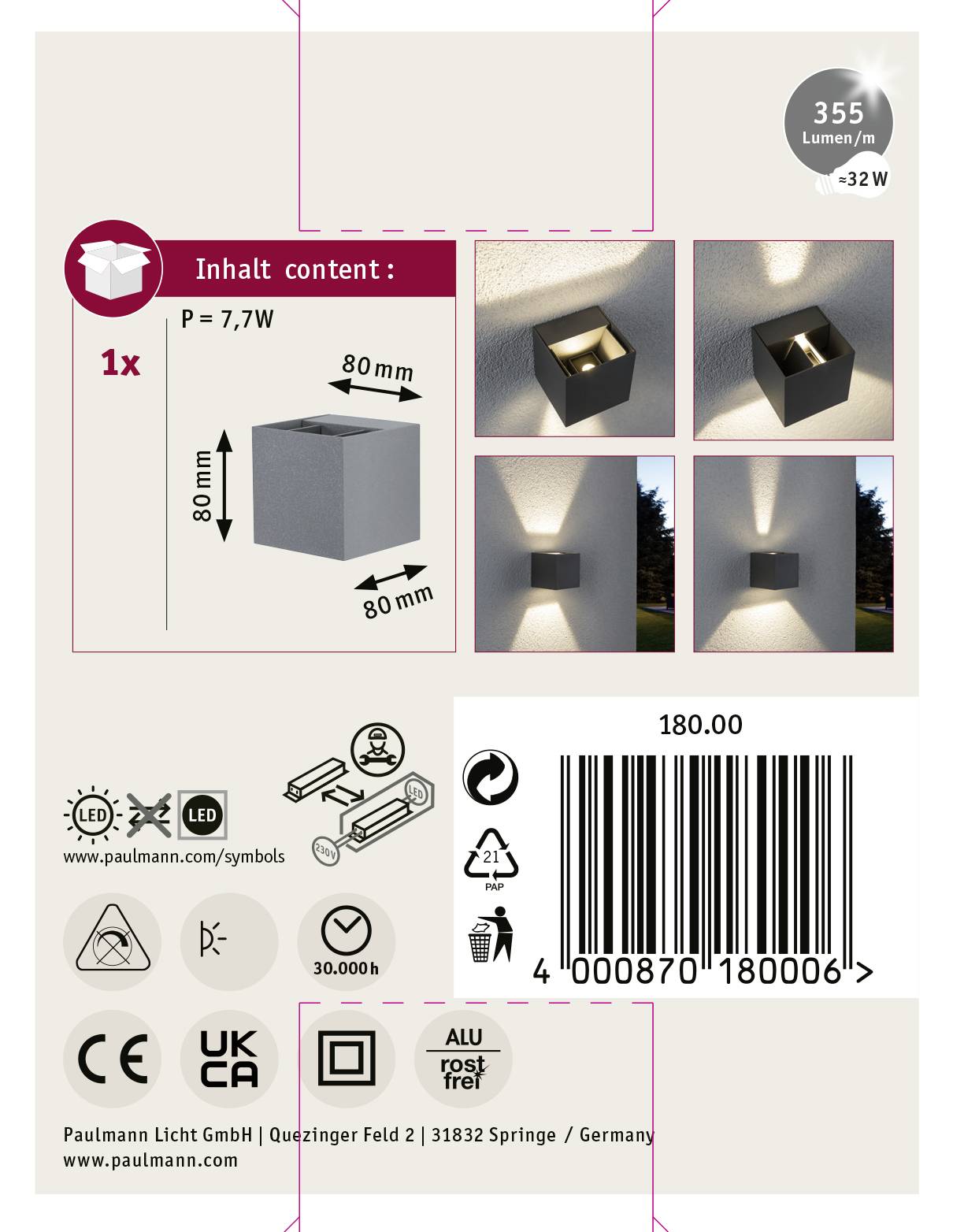 'Paulmann Buitenverlichting, 355 Lumen, 7,7W, 80x80mm. 4 foto's met verschillende lichtstralen. QR-code, contactgegevens: Paulmann Licht GmbH.'