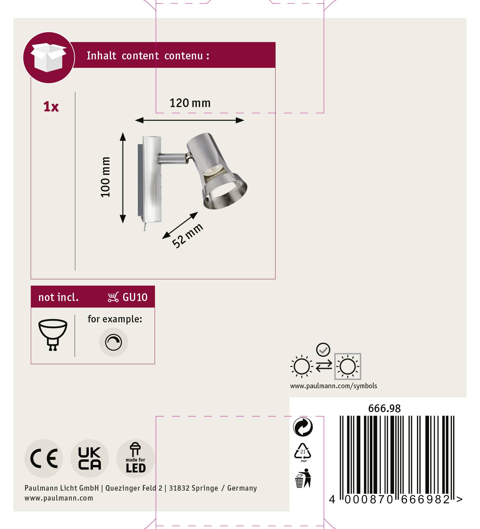 Zilveren wandlamp met verstelbare spot, afmetingen: 100 x 120 x 52 mm. Vereist 1x GU10 lichtbron (niet inbegrepen).
