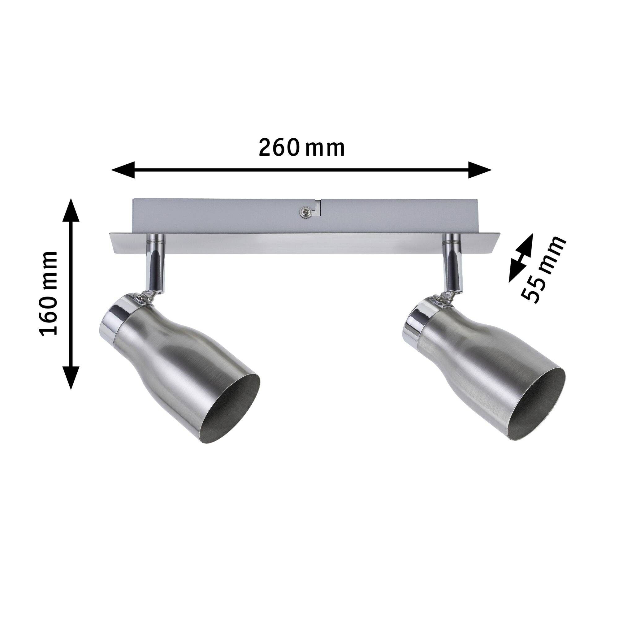 Twee verstelbare zilveren plafondspots, afmetingen: 260 mm breedte, 160 mm hoogte, 55 mm diepte. Geschikt voor gerichte verlichting.