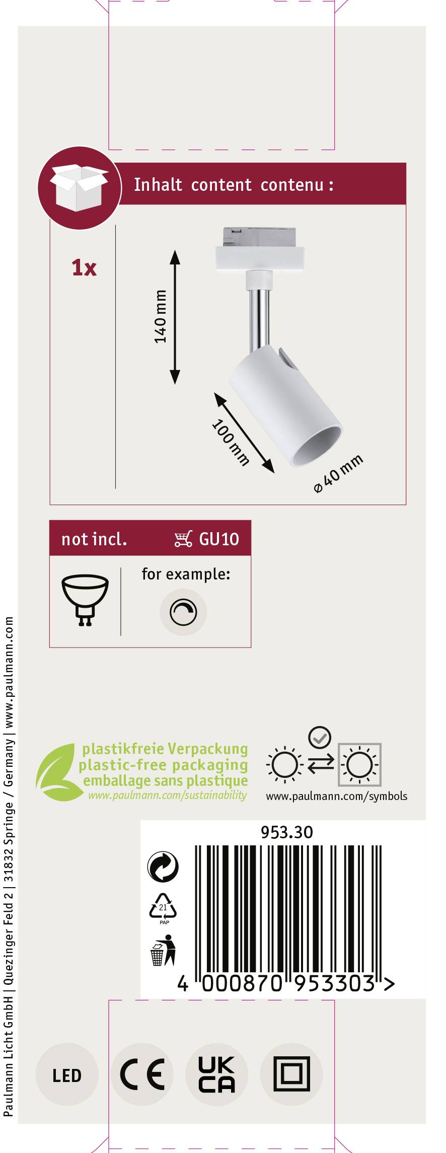 Since the text you provided is already in German, no translation is needed. The text describes packaging for an LED light with a GU10 socket, indicating it is plastic-free, includes an image of the lamp, and has information in German, English, and French.