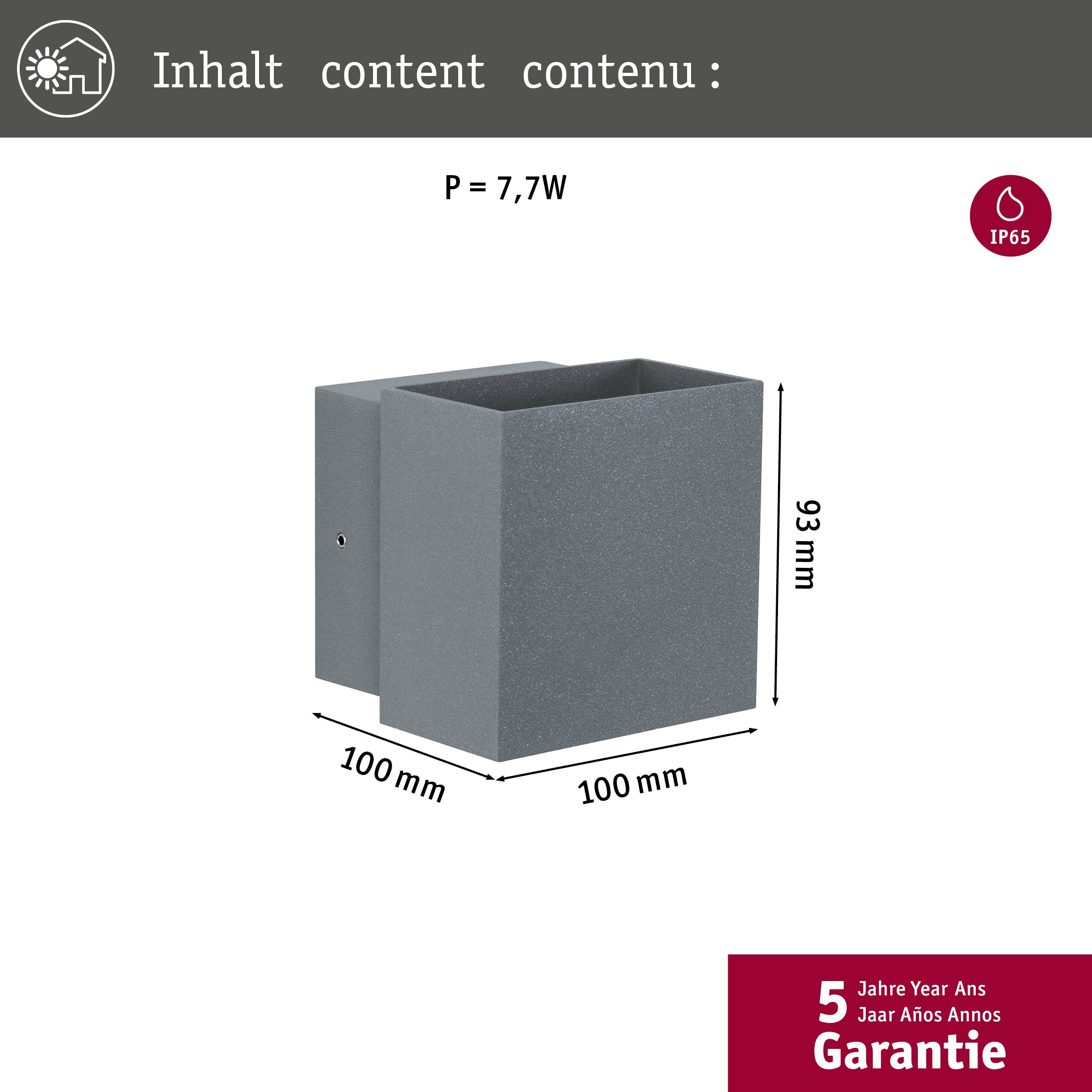 Een grijze, rechthoekige wandlampbehuizing met afmetingen van 100x100x93 mm, vermogen 7,7W. Waterdicht (IP65) met 5 jaar garantie.