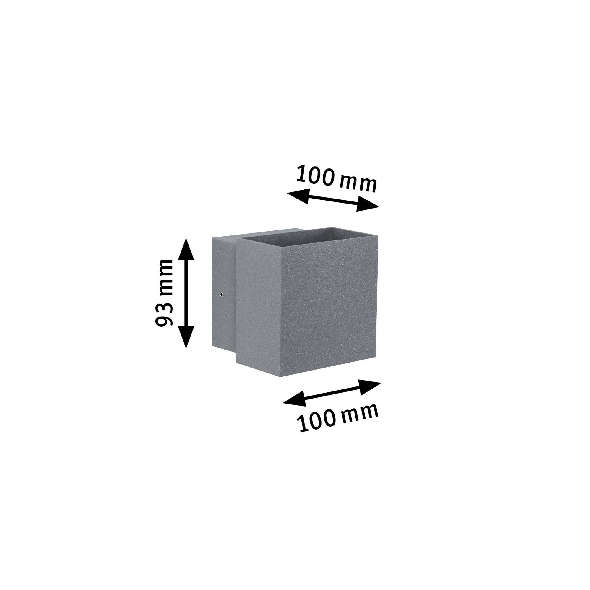 Grijze vierkante wandlamp met afmetingen van 100 mm breed en 93 mm hoog.