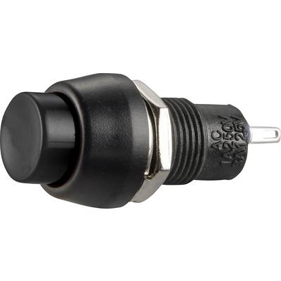 Een zwarte drukschakelaar met metalen schroefdraad en opschrift '1A 250V AC'. Geschikt voor gebruik in elektrische schakelingen.