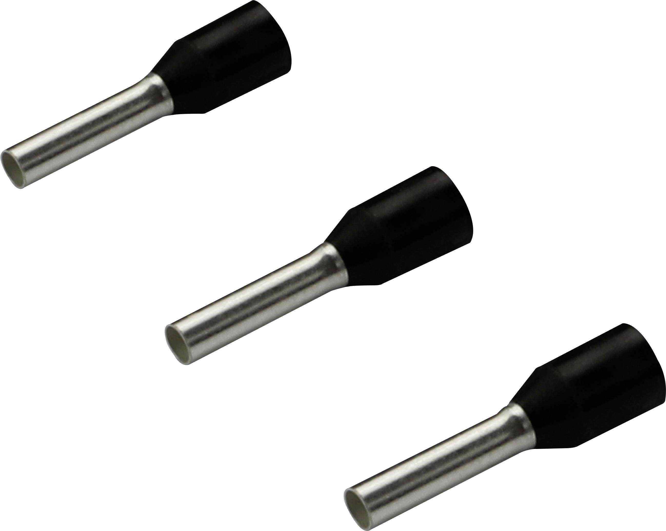 Drie zwarte adereindhulzen met zilveren metalen punten, schuin naar rechts beneden gericht.