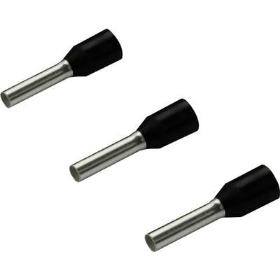 Drie zwarte adereindhulzen met zilveren metalen punten, schuin naar rechts beneden gericht.