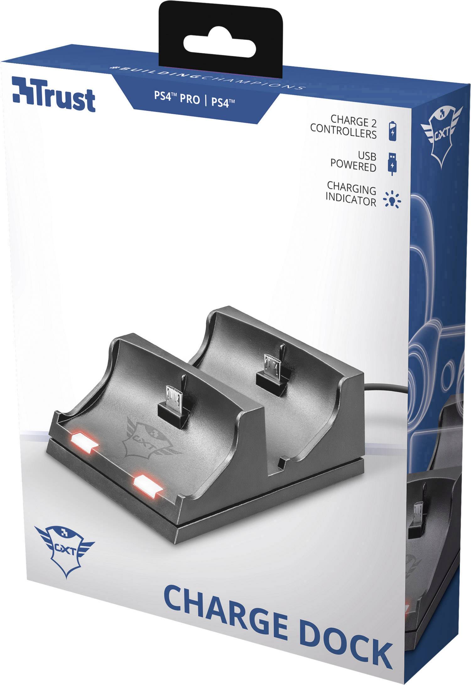 PlayStation-controlleroplaadstation; voor PS4, PS4 Pro; laadt 2 controllers tegelijk op; USB-aansluiting; laadstatus-indicator aanwezig.