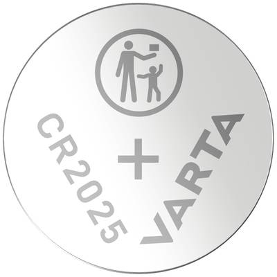 'Ronde knoopcelbatterij, zilver, VARTA CR2025+ opschrift en symbool voor buiten bereik van kinderen houden.'