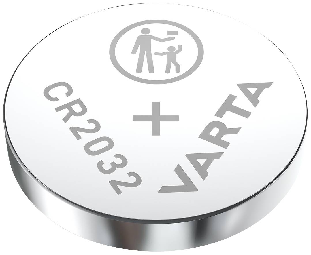 Lithium-knoopcelbatterij CR2032 van VARTA met symbool voor kinderveiligheid en positieve polariteit aan de bovenkant.