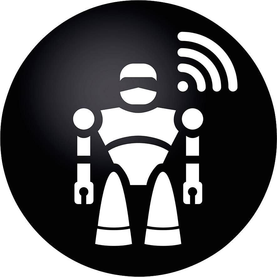 Een gestileerde robot met een radiosignaal-symbool erboven op een zwarte achtergrond, symboliseert AI- of technologische verbinding.