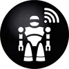 Een gestileerde robot met een radiosignaal-symbool erboven op een zwarte achtergrond, symboliseert AI- of technologische verbinding.