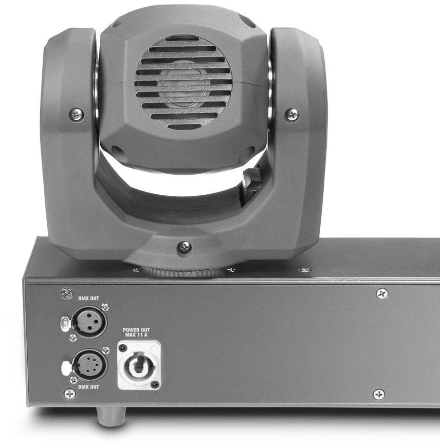 Verlichtingseenheid met meerdere aansluitingen aan de achterzijde, waaronder DMX in/uit en netvoeding.