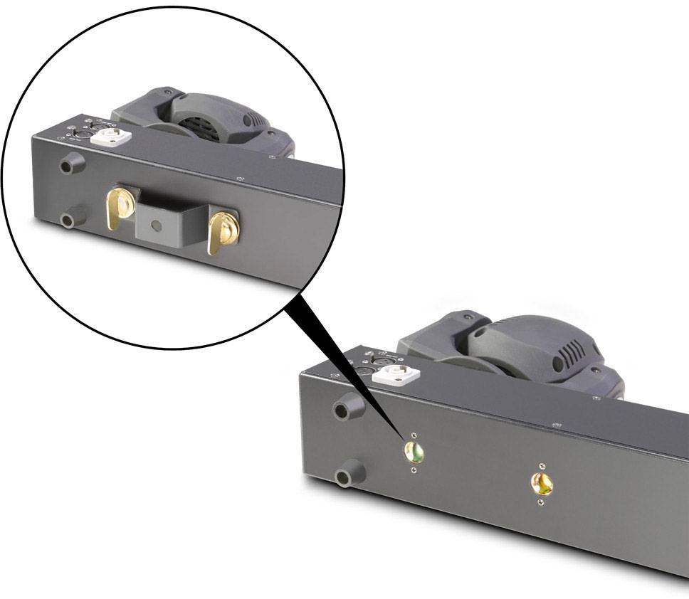 Close-up van een zwart apparaat met een ventilator. Het ingezoomde gedeelte toont twee aansluitpunten aan de zijkant van het apparaat.