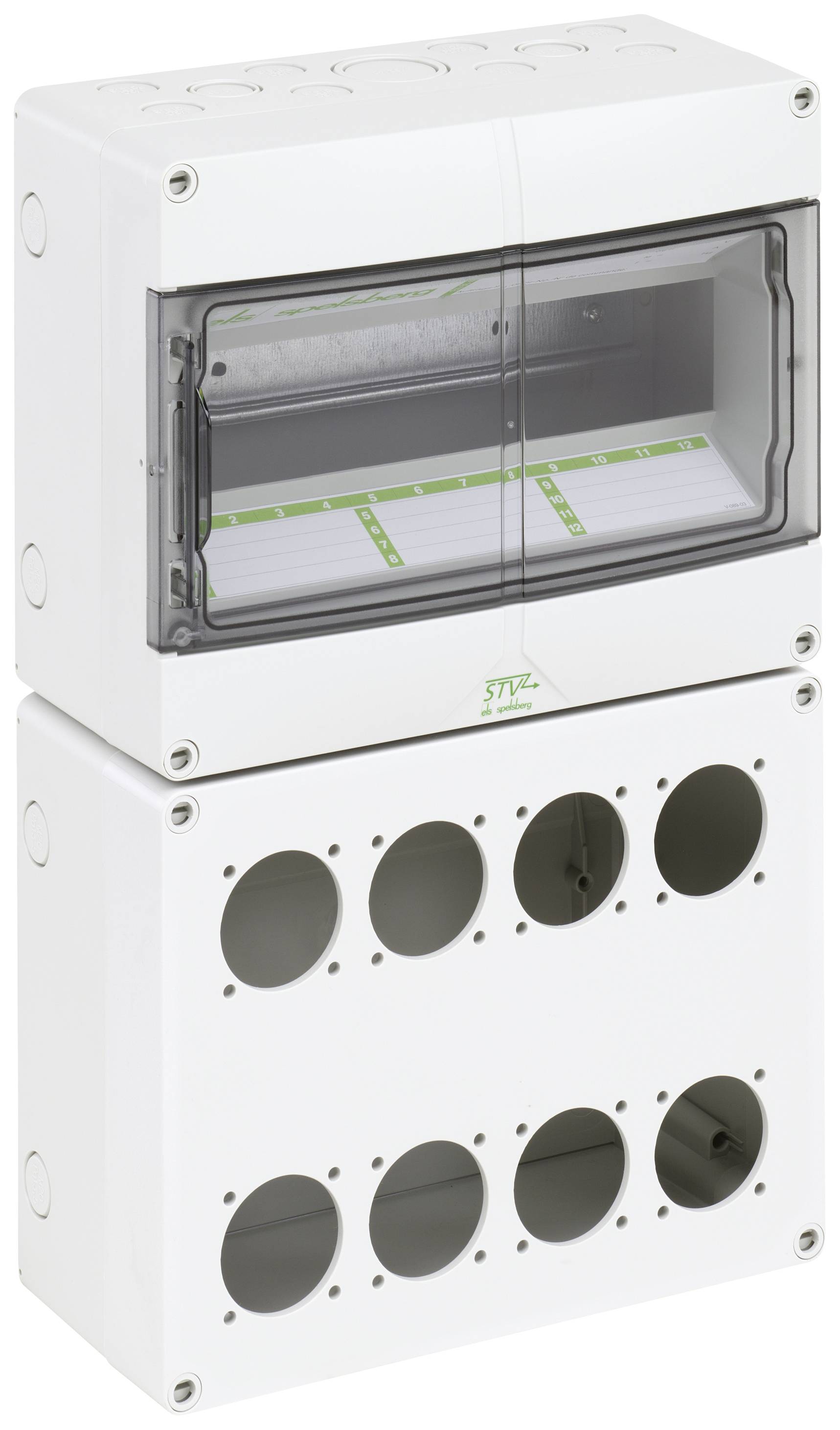Een elektrische zekeringenkast met een transparante klep en meerdere ronde openingen voor kabeldoorvoeren.