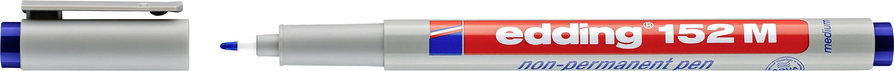 Close-up van een zilveren Edding 152 M niet-permanente pen met blauwe punt en rood etiket, weergegeven voor een metalen penhouderkl.