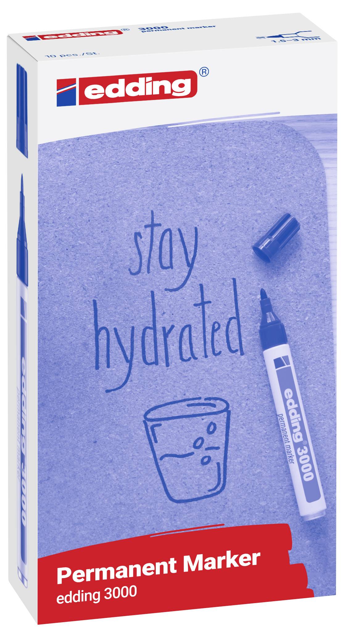 Doos edding 3000 permanente markers, getoond met blauwe handgeschreven 'stay hydrated' en een tekeninkje van een beker op de verpakking.