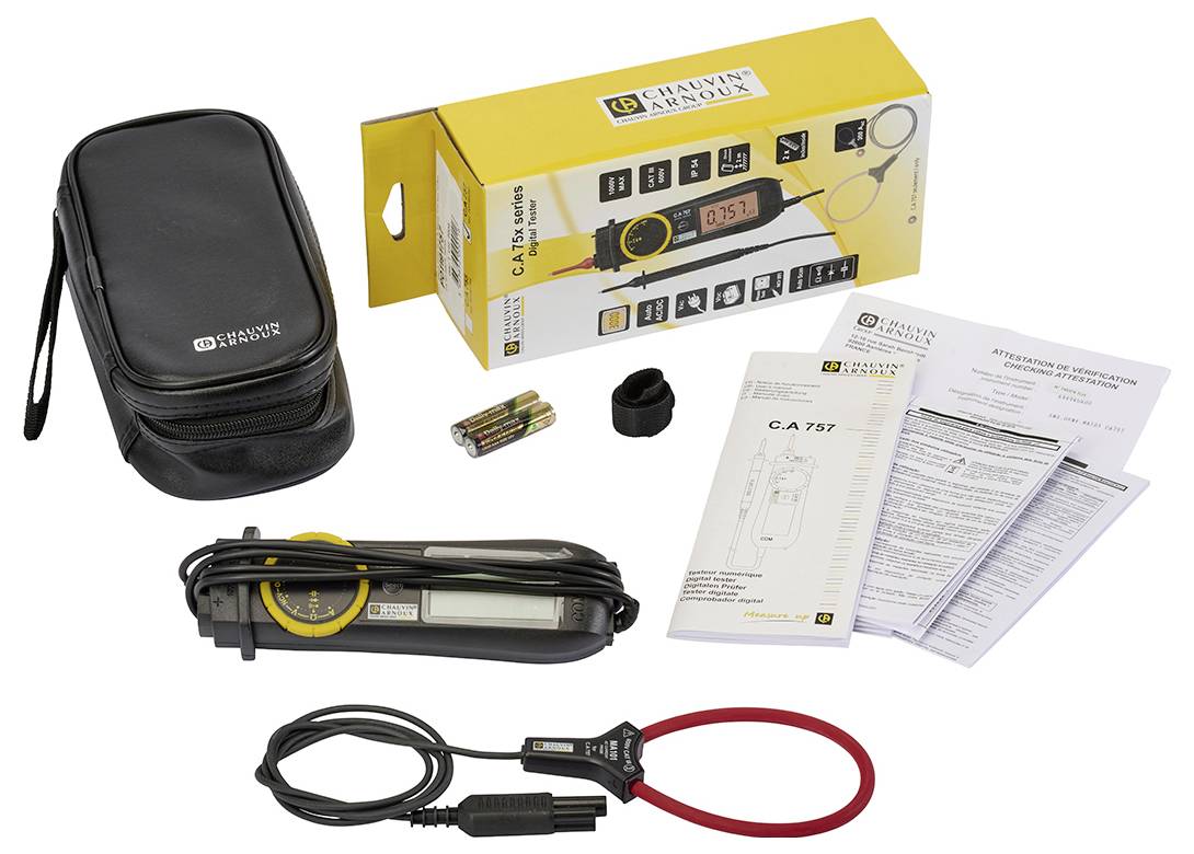 Elektrisch meetapparaat met toebehoren: draagtas, kabels, batterijen en handleidingen op een tafel. Verpakking toont 'C.A 757'.