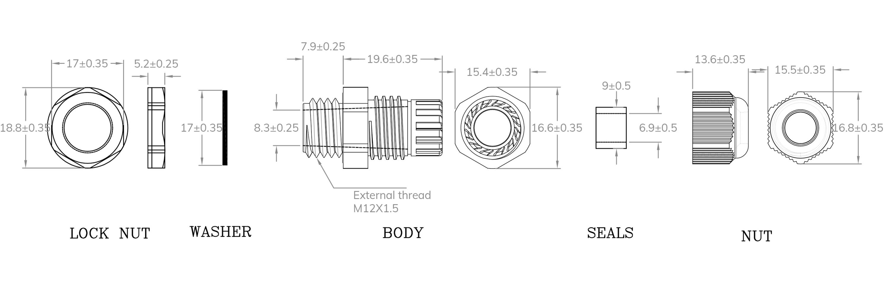 Technische tekening van een sluitingsmechanisme met componenten: borgmoer, sluitring, behuizing, afdichtingen, moer. Afmetingen en schroefdraad M12x1,5 aangegeven.
