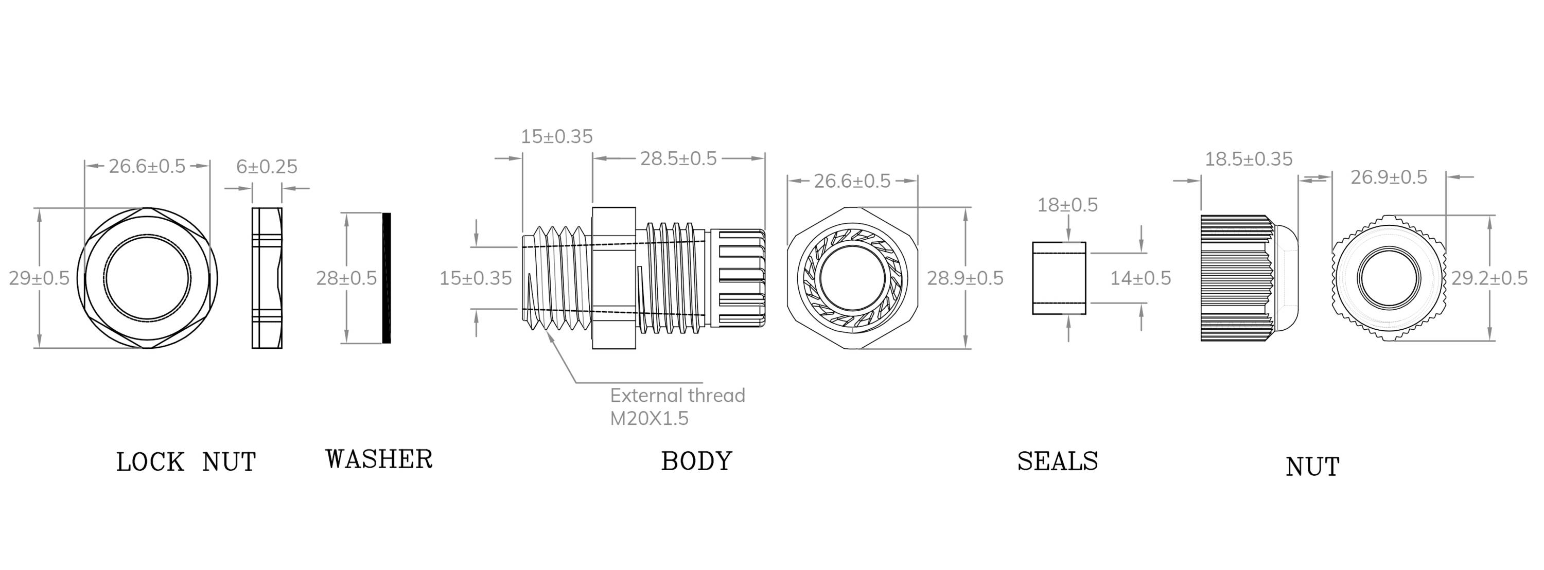 Ontploffingstekening van een mechanisch onderdeel met 'BORGMOER', 'SLUITRING', 'BEHUIZING', 'AFDICHTINGEN' en 'MOER'. Toont afmetingen en schroefdraaddetails.