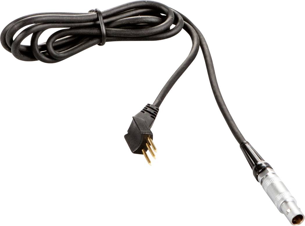 'Een zwart kabel met een L-vormige stekker en een zilverkleurig aansluitingsuiteinde.'