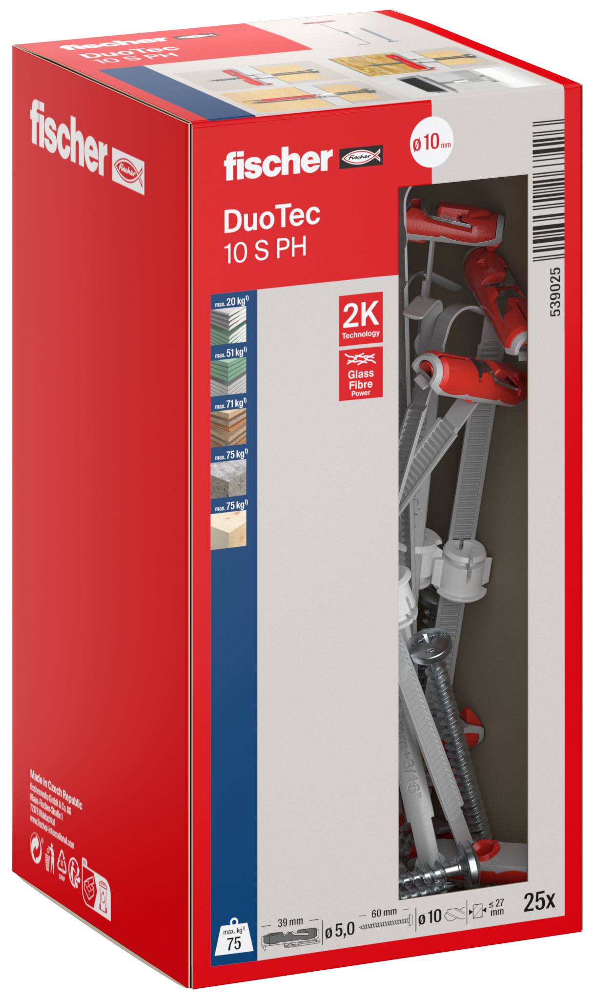 Red Fischer DuoTec 10 S PH wandelementenpakket met '2K'-label en 25 stuks, met kunststof toggle-ankers zichtbaar door een helder venster.