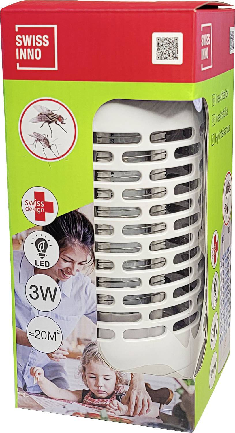 Muskieten- en insectenvangstkast met Zwitsers designmerk. Bestrijkt een oppervlakte van 20m², maakt gebruik van 3W LED. Afbeelding van ouder en kind inbegrepen.