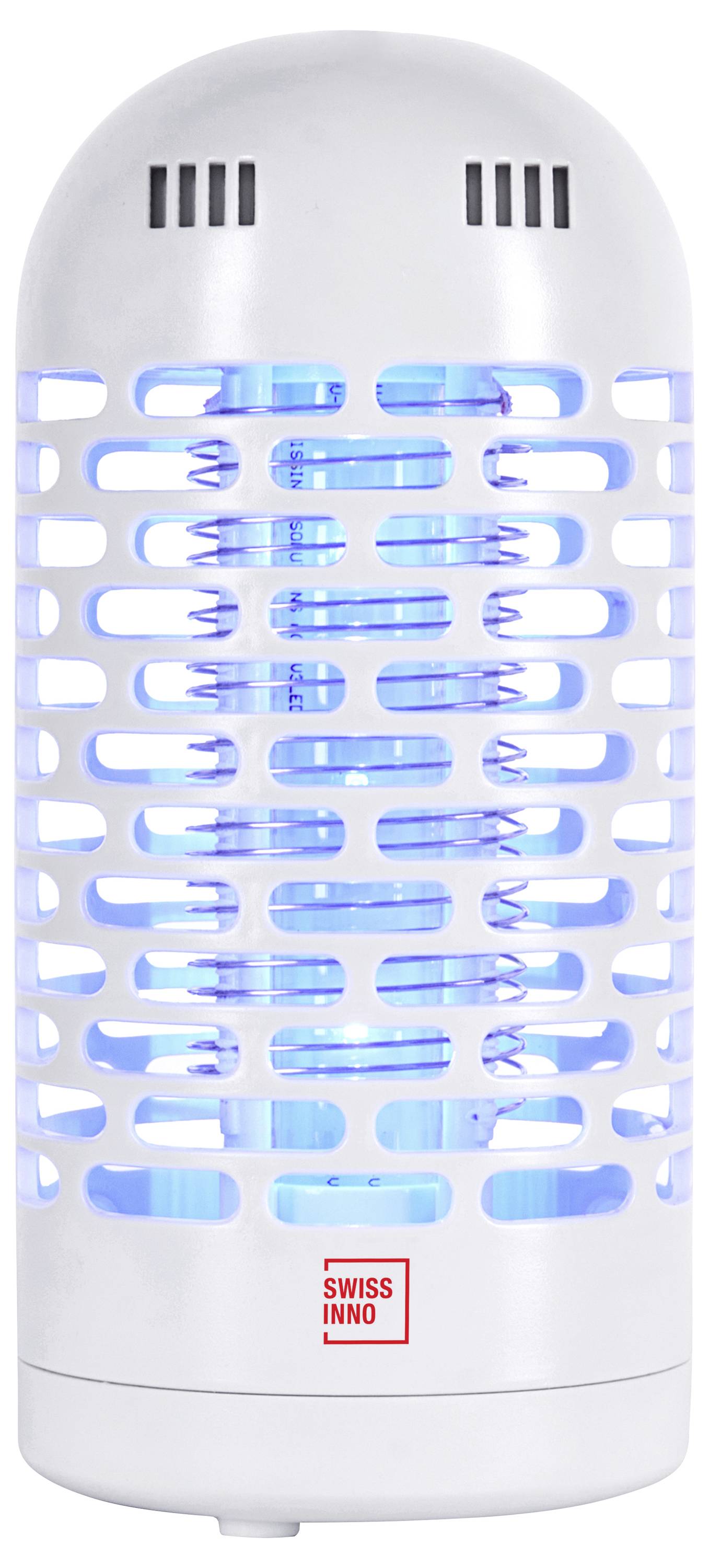 Een cilindrische witte insectenval die blauw licht uitstraalt, met een gerasterde buitenbehuizing en merkopschrift 'SWISS INNO' onderaan de voorkant.