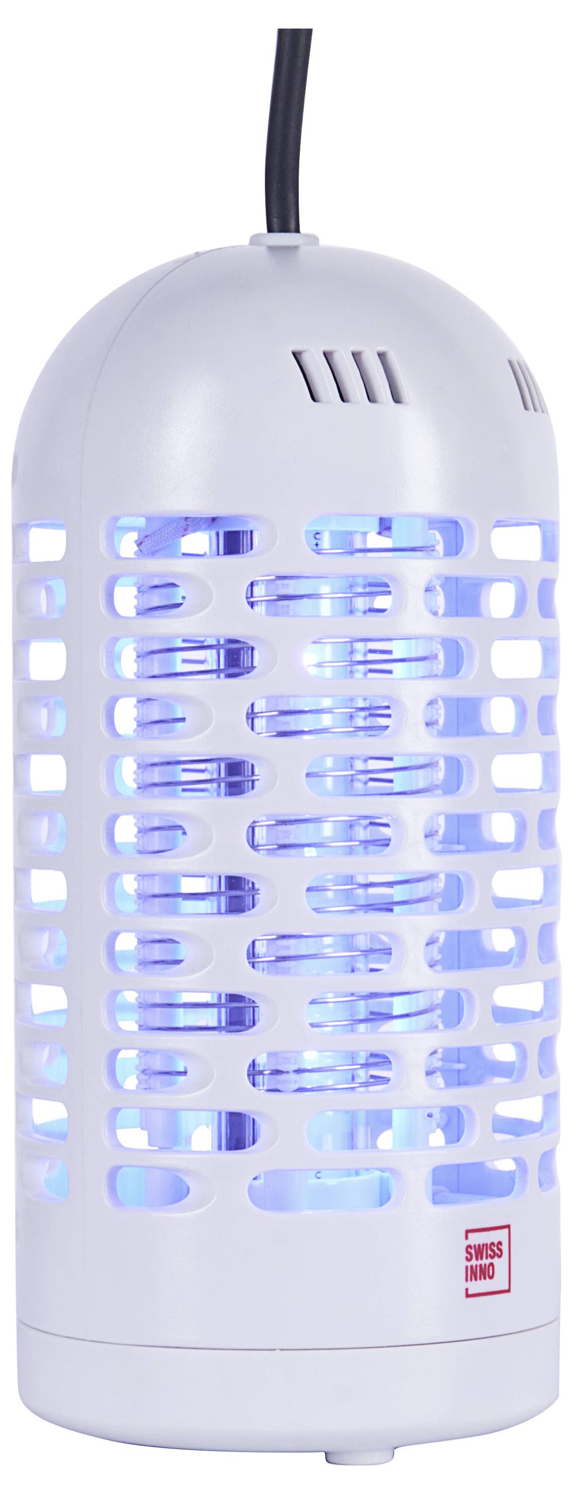Een witte elektrische insectenverdelger met een cilindervormig ontwerp en een blauw oplichtend licht, gebruikt voor het aantrekken en elimineren van insecten binnenshuis.
