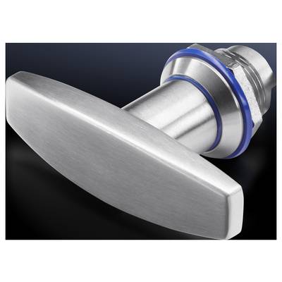 Een zilveren metalen T-vormige handgreep voor een donkere achtergrond, bevestigd aan een mechanisme met een blauwe afdichting.
