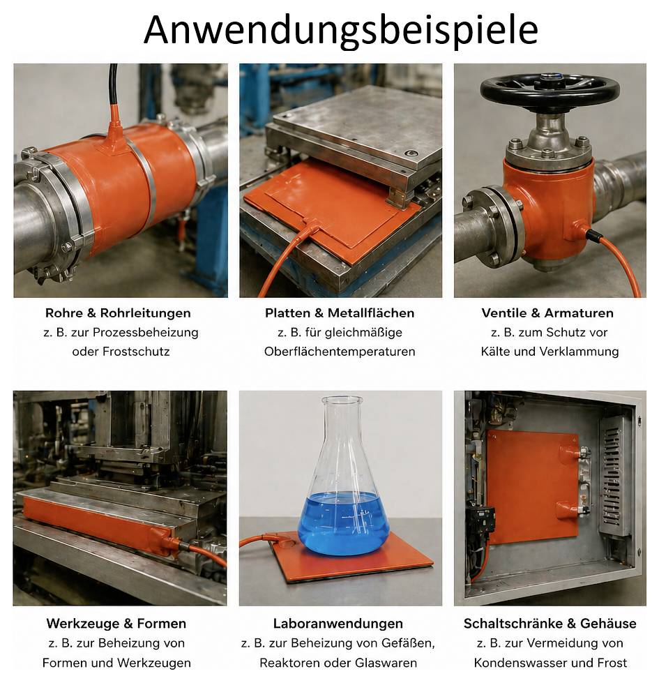 Infografiek "Toepassingsvoorbeelden" met zes inzetgebieden voor een verwarmings-/beschermingssysteem: leidingen, metaalplaten, kleppen, gereedschap, laboratoriumvaten en schakelborden.